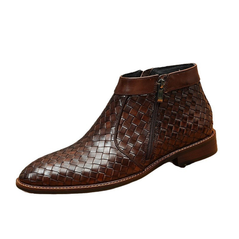 Men's Woven Pointed Toe Leather Zip Dress Boots