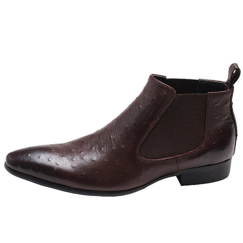 Men's genuine leather Chelsea dress boots, dark brown, slip-on elastic side gore