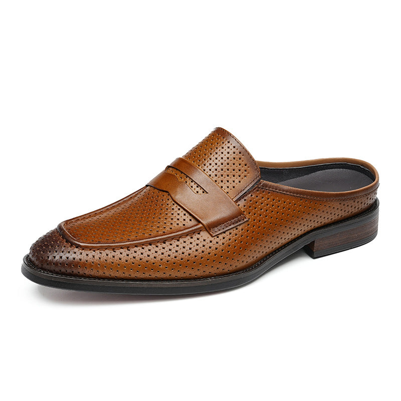 Men's Perforated Pointed Toe Leather Mule Loafers