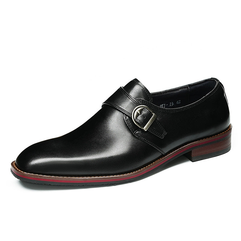 Men's Black Brown Pointed Toe Single Monk Strap Leather Shoes