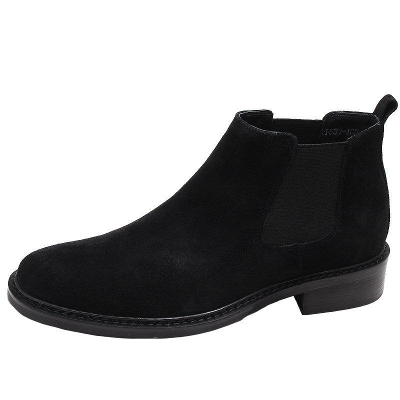 Men's black leather Chelsea dress boots, rounded toe slip-on with elastic side panels