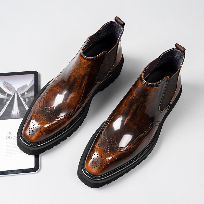 Dark brown leather Chelsea dress boots with brogue detailing and elastic side stretch panels