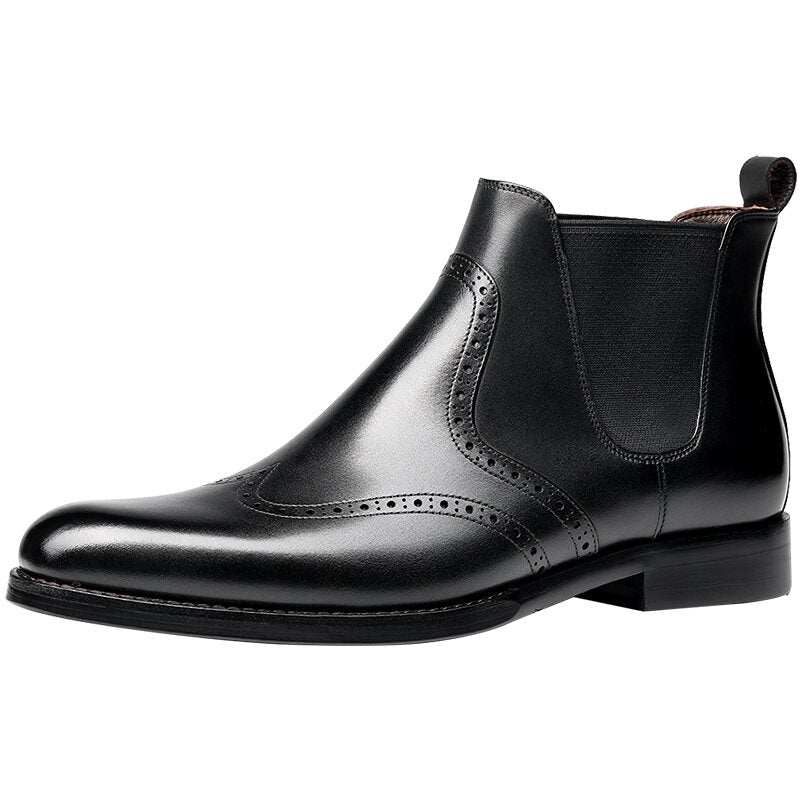 Black leather chelsea dress boot with brogue toe panel and elastic side gore