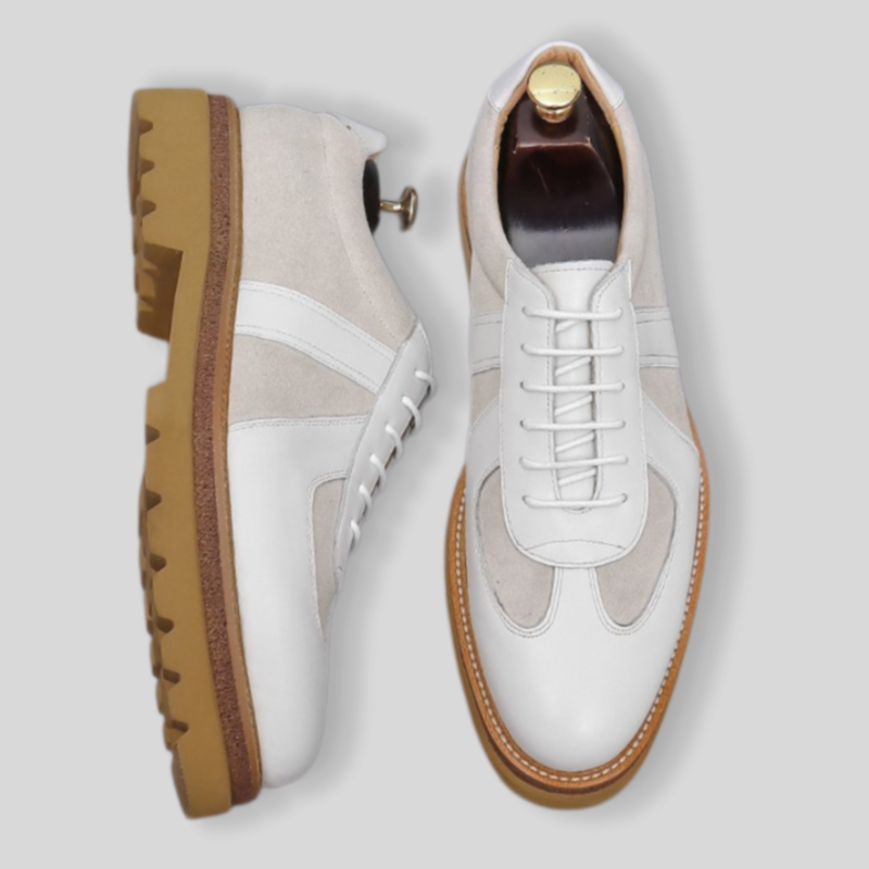 Men's suede paneled chunky lug sneakers, light gray/white with tan lug sole