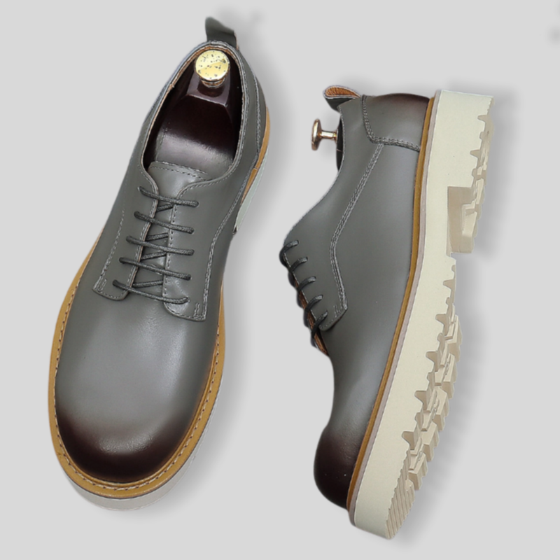 Men's pointed-toe leather derby dress shoes, gray lace-up with tan rubber sole