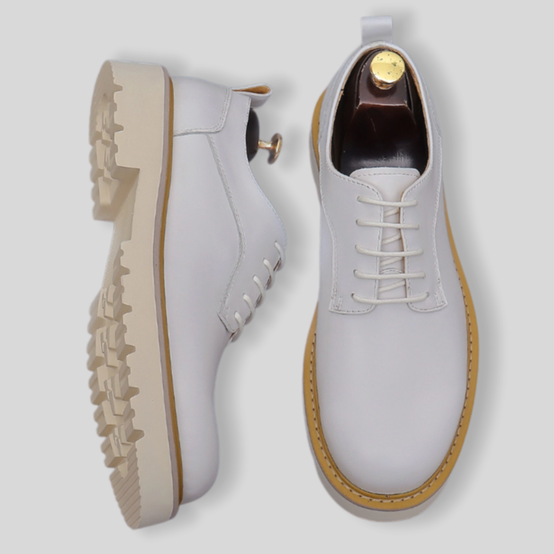 Men's pointed-toe leather derby dress shoes, white lace-up with tan rubber sole