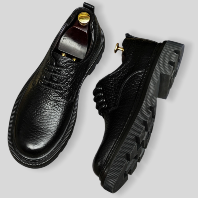 Men's black leather derby dress shoes, pointed toe, lace-up with thick tread sole