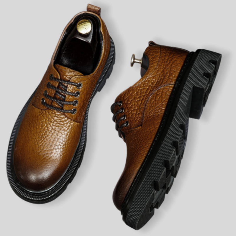 Men's dark brown leather derby dress shoes, pointed toe, lace-up, chunky tread sole
