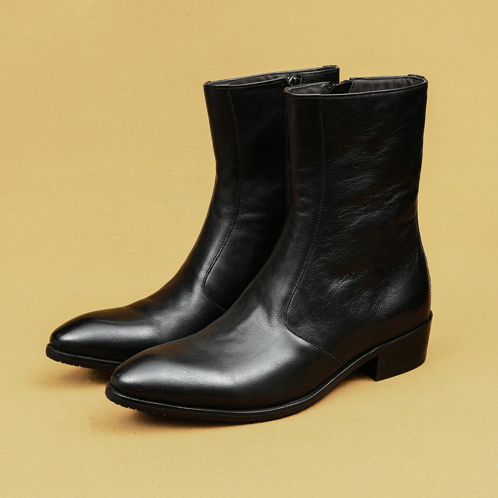 Men's black leather side-zip dress boots, two boots shown with thick sole