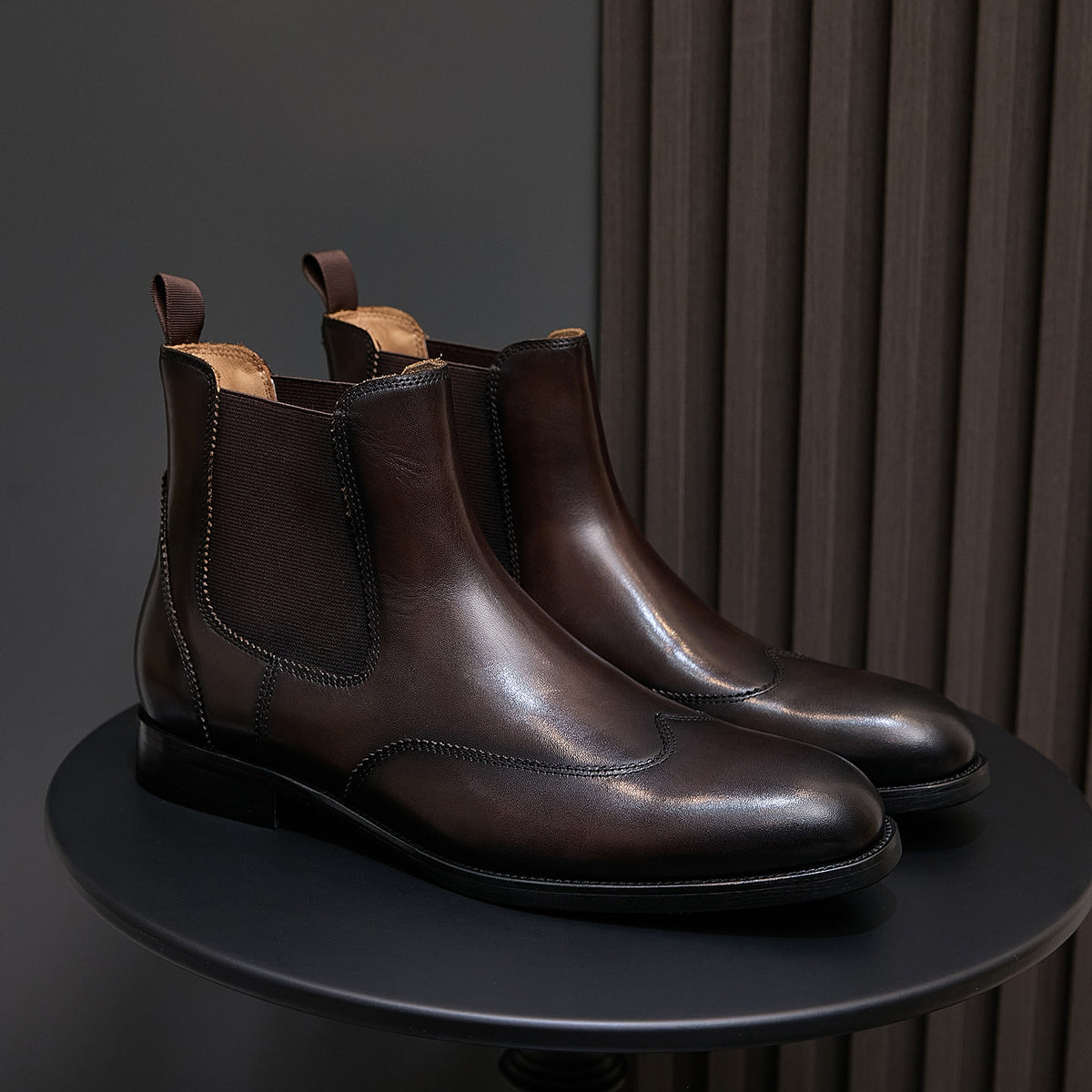 Men's pointed-toe chelsea dress boots in dark brown, side elastic panels and pull tabs