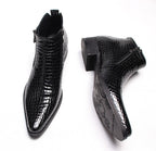 Men's leather side-zip dress boots, black crocodile texture, side and heel view