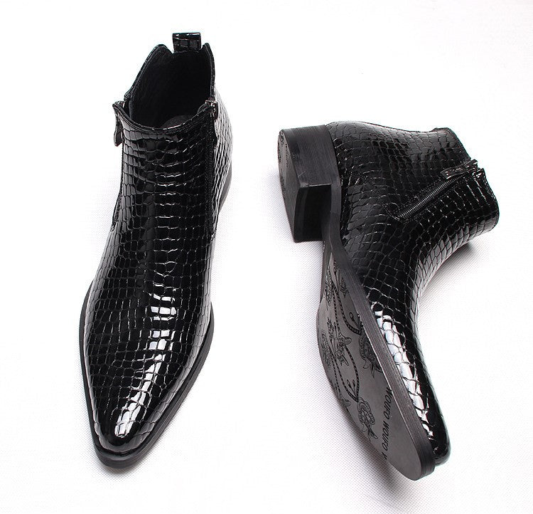 Men's leather side-zip dress boots, black crocodile texture, side and heel view
