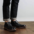 Men's black leather chukka boots, lace-up style, plain toe