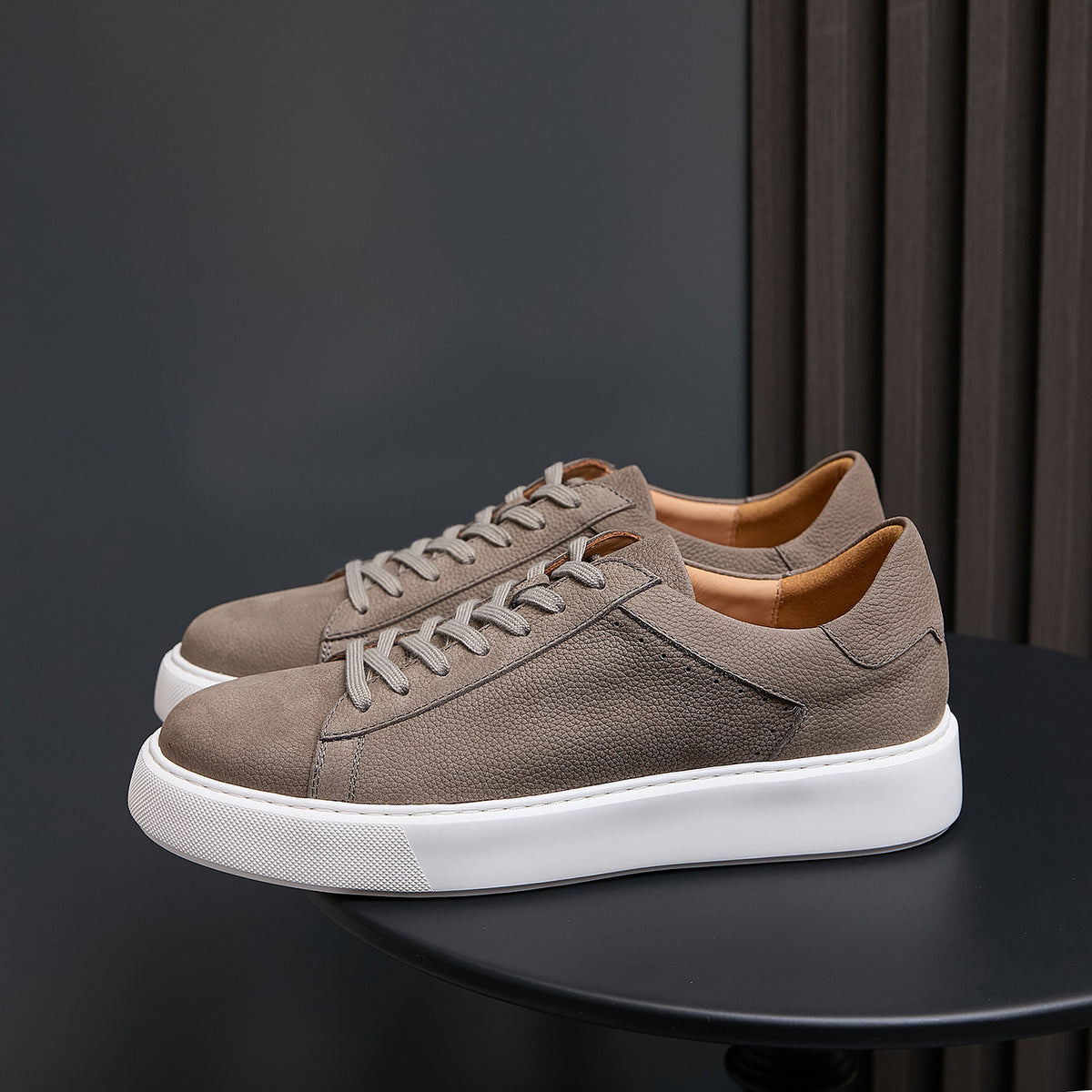 Men's genuine leather sneakers, taupe lace-up with white rubber sole