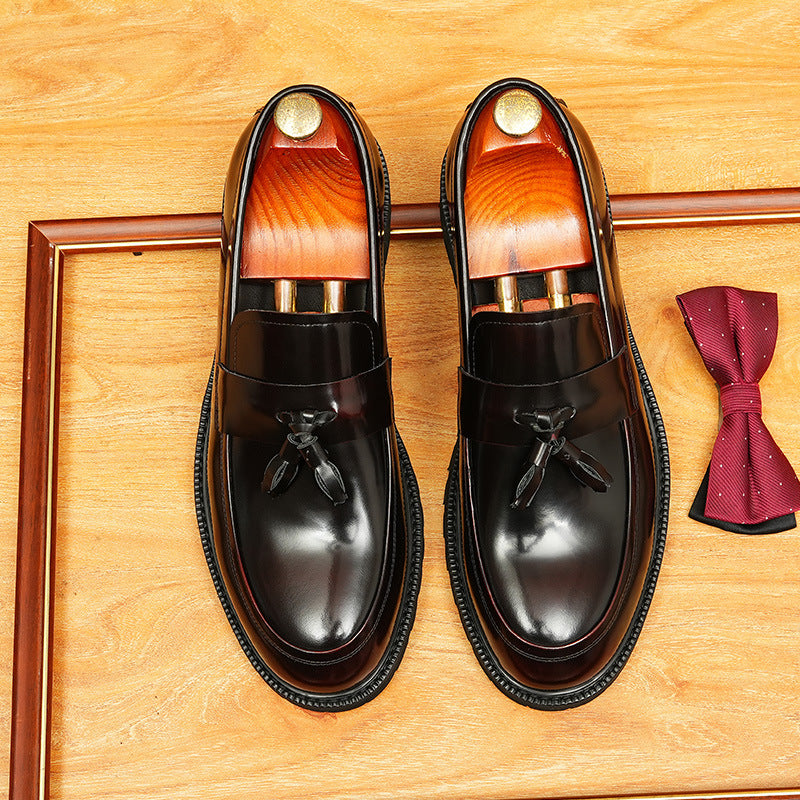 Men's Glossy Round Toe Chunky Sole Tassel Loafers