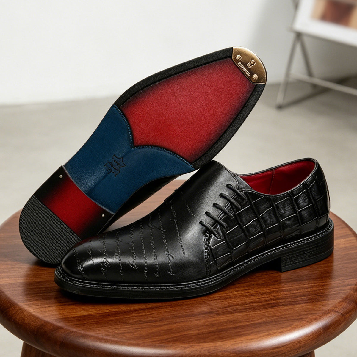 Men's Letter-Detail Crocodile Embossed Dress Loafers