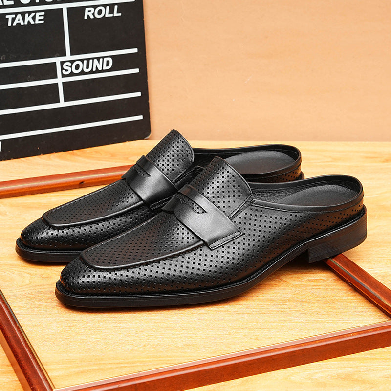 Men's Perforated Pointed Toe Leather Mule Loafers