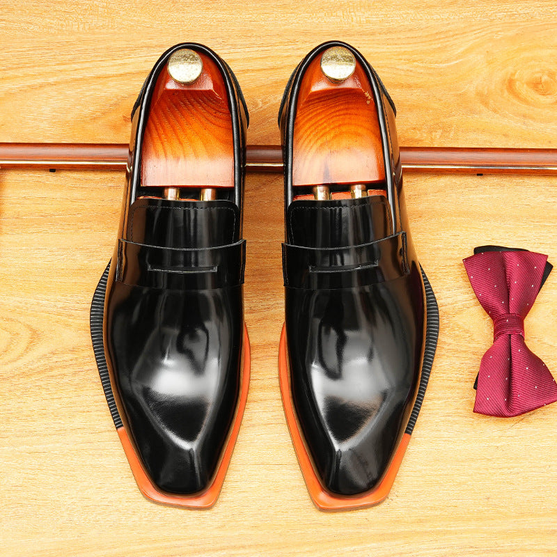 Men's Glossy Faceted Square Toe Leather Loafers