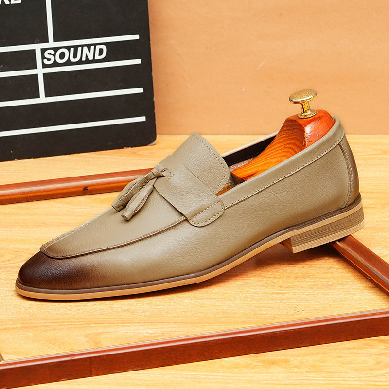 Men's Black Gray Pointed Toe Tassel Leather Loafers