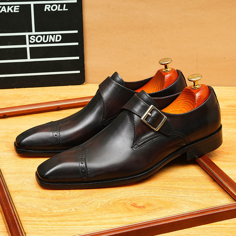 Men's Black Dark Brown Pointed Toe Single Monk Leather Shoes