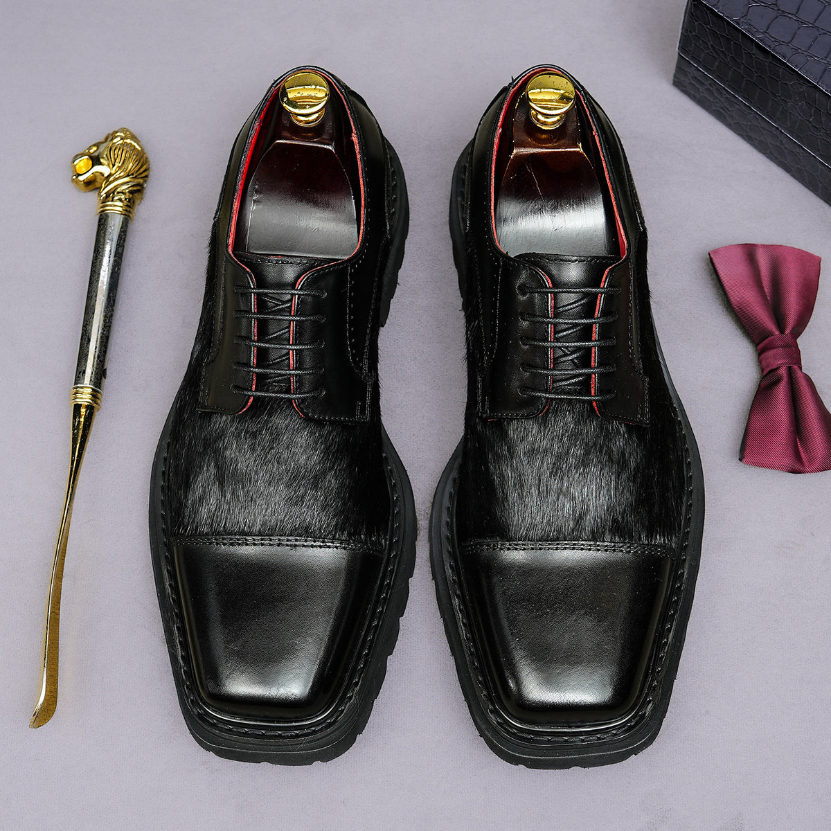 Men's Chunky Lug Sole Cap Toe Haircalf Leather Derbies