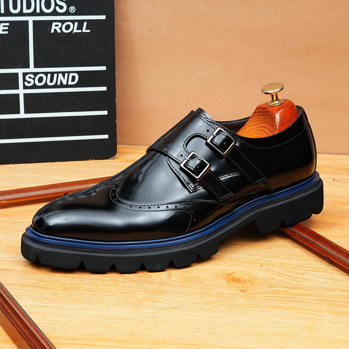 Men's Black Burgundy Double Monk Strap Leather Formal Shoes