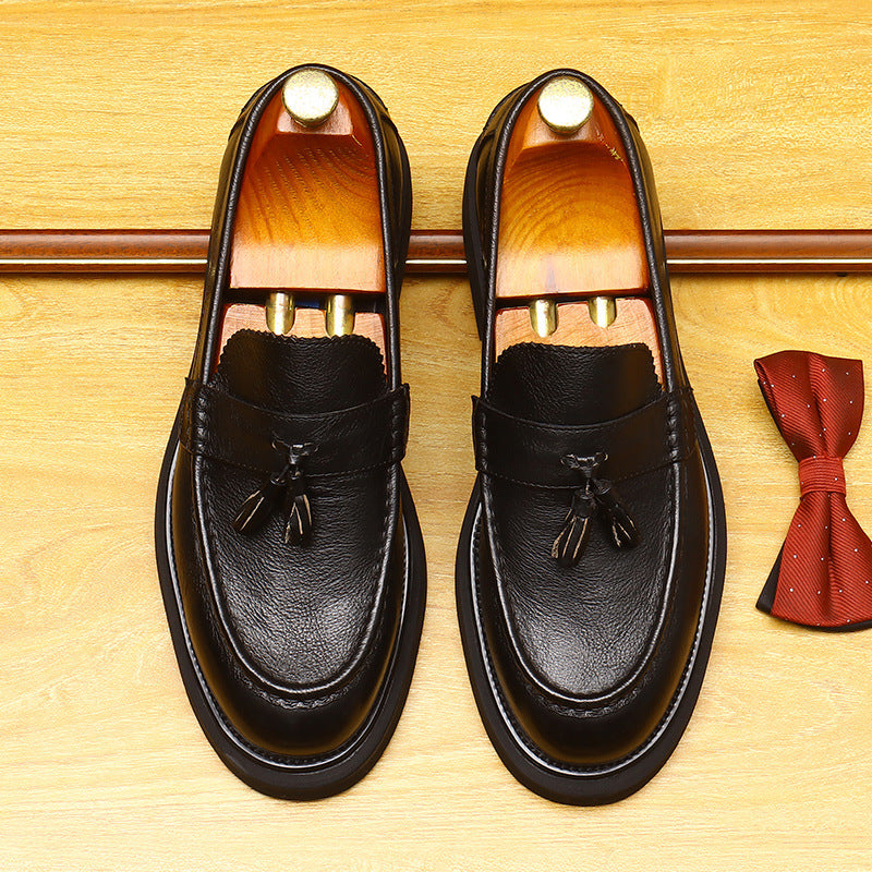 Men's Round Toe Tassel Platform Leather Dress Loafers