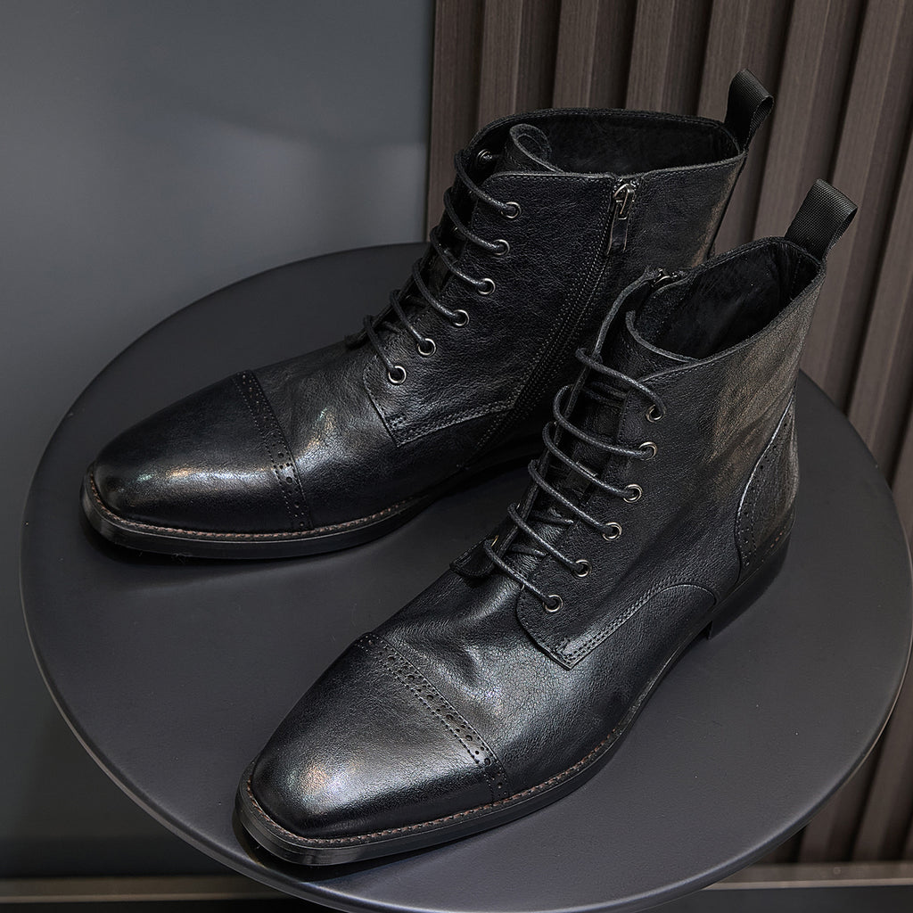 Cap Toe Leather Side-Zip Lace-Up Boots for Men