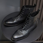 Cap Toe Leather Side-Zip Lace-Up Boots for Men