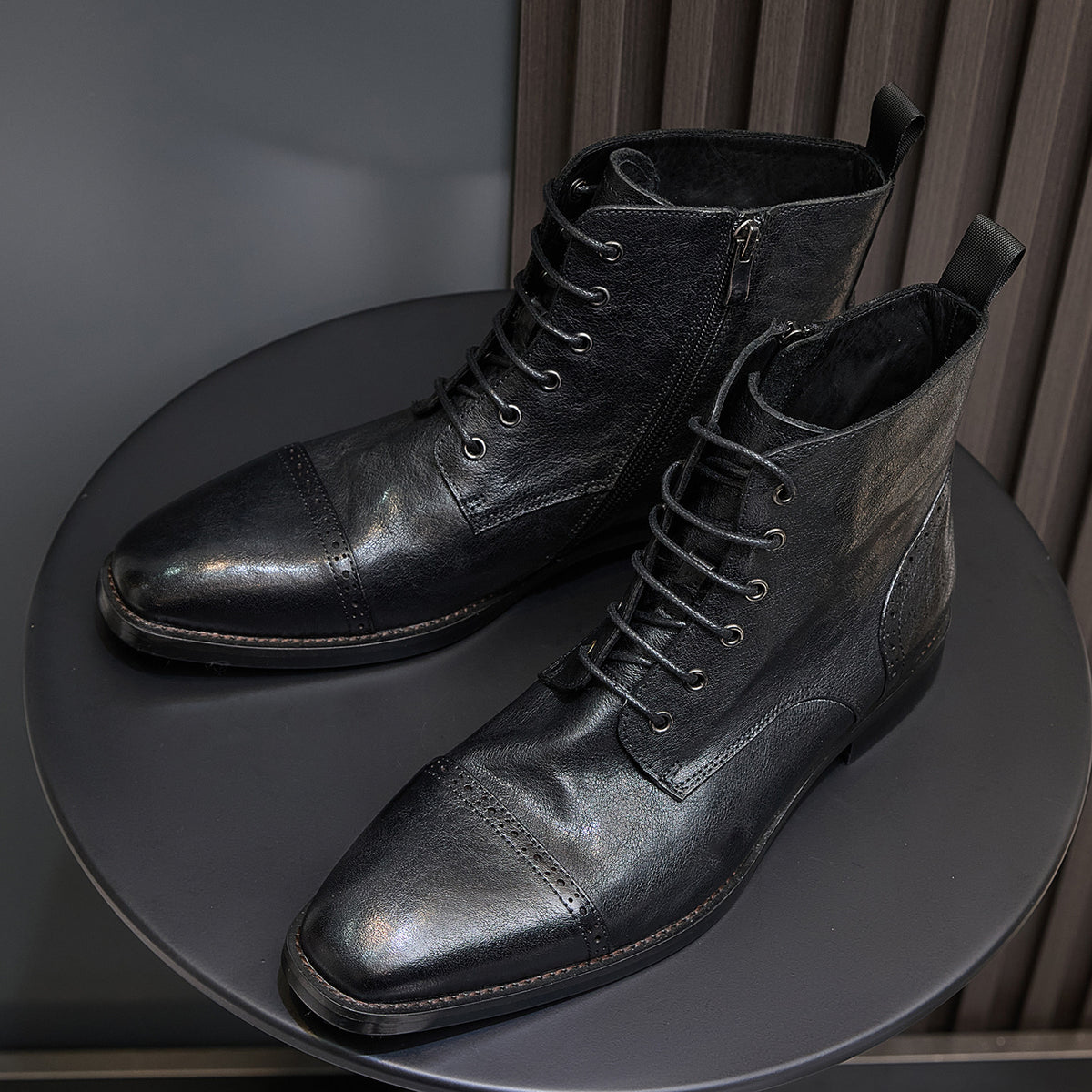 Cap Toe Leather Side-Zip Lace-Up Boots for Men
