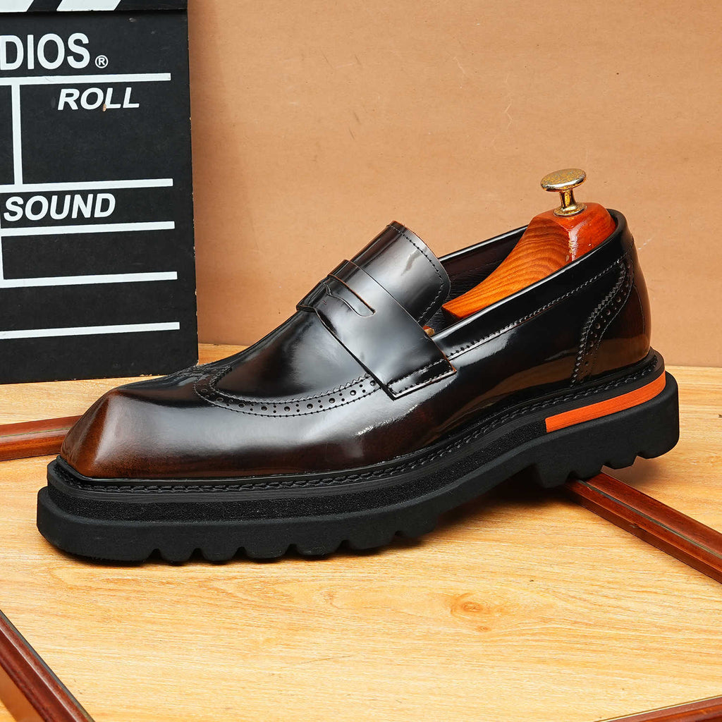 Men's Platform Brogue Leather Slip-On Dress Loafers