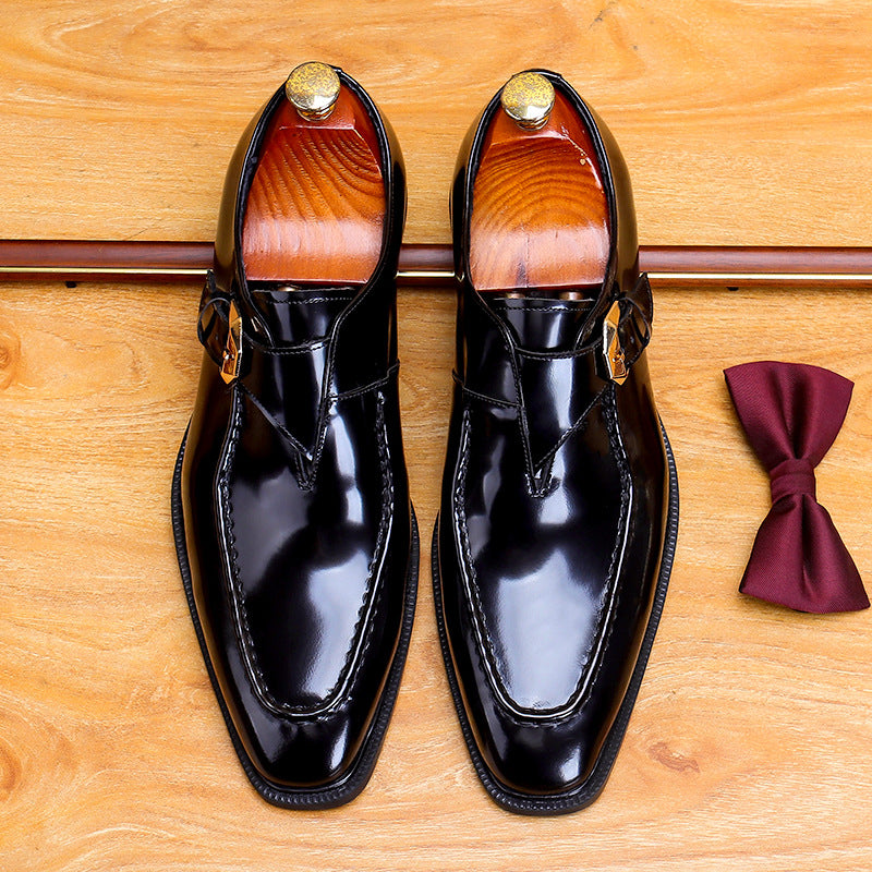 Men's Black Burgundy Pointed Toe Single Monk Strap Leather Shoes