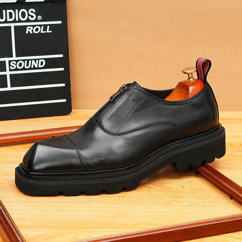 Men's Square Toe Zipper Chunky Sole Leather Loafers