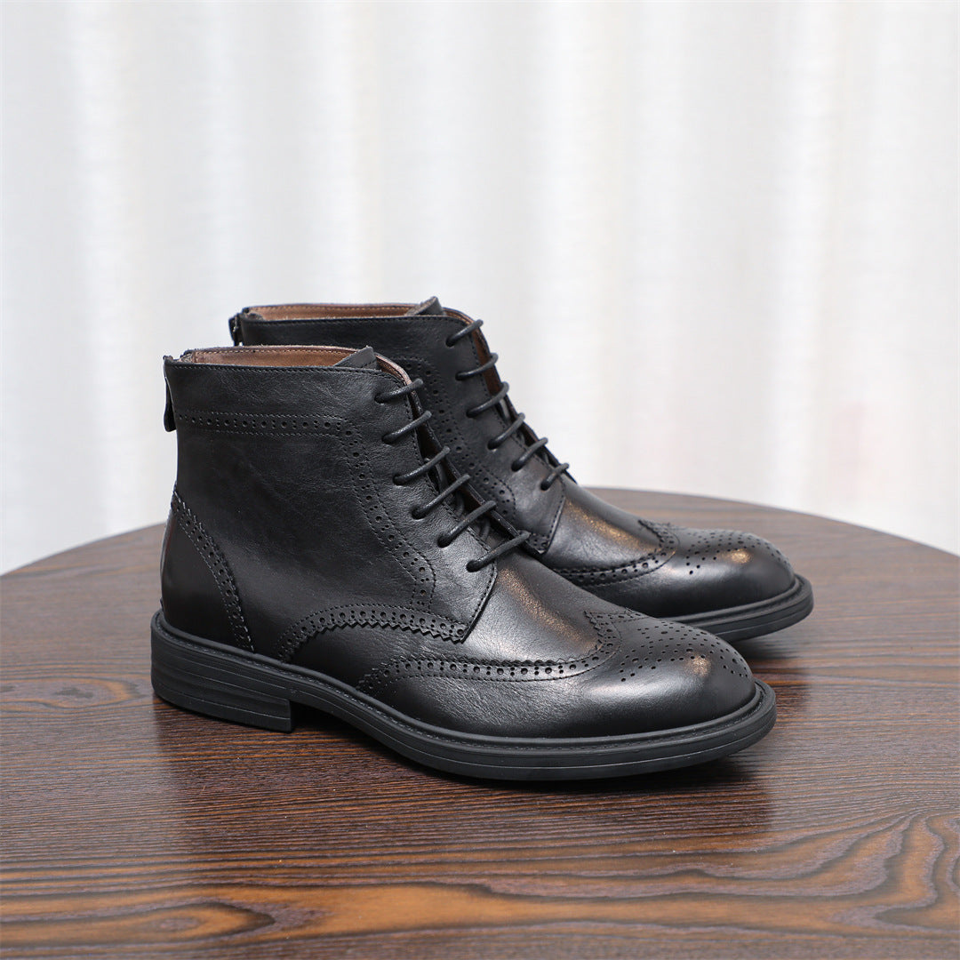 Burnished Wingtip Brogue Leather Back-Zip Boots for Men