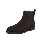 Men's pointed-toe suede Chelsea dress boots, dark brown, elastic side panels