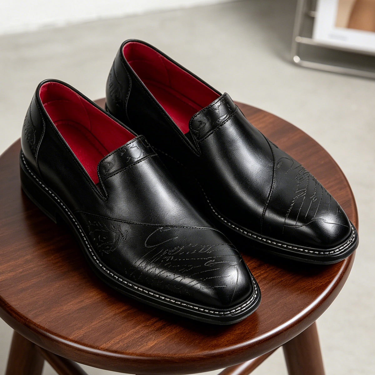 Men's Engraved-Style Leather Slip-On Dress Loafers