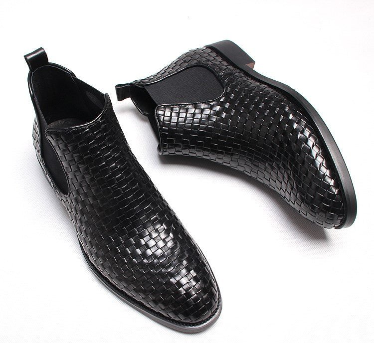 Men's black woven leather slip-on Chelsea dress boots with elastic side panel