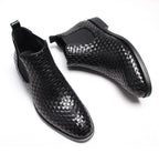 Men's black woven leather slip-on Chelsea dress boots with elastic side panel