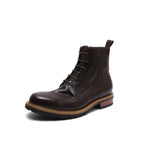 Men's dark brown leather ankle boots with pointed toe, side zip, and lace-up.