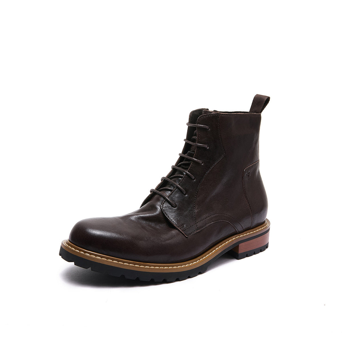 Men's dark brown leather ankle boots with pointed toe, side zip, and lace-up.