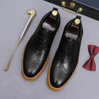 Men's black pointed-toe leather derby shoes, lace-up with wingtip perforations
