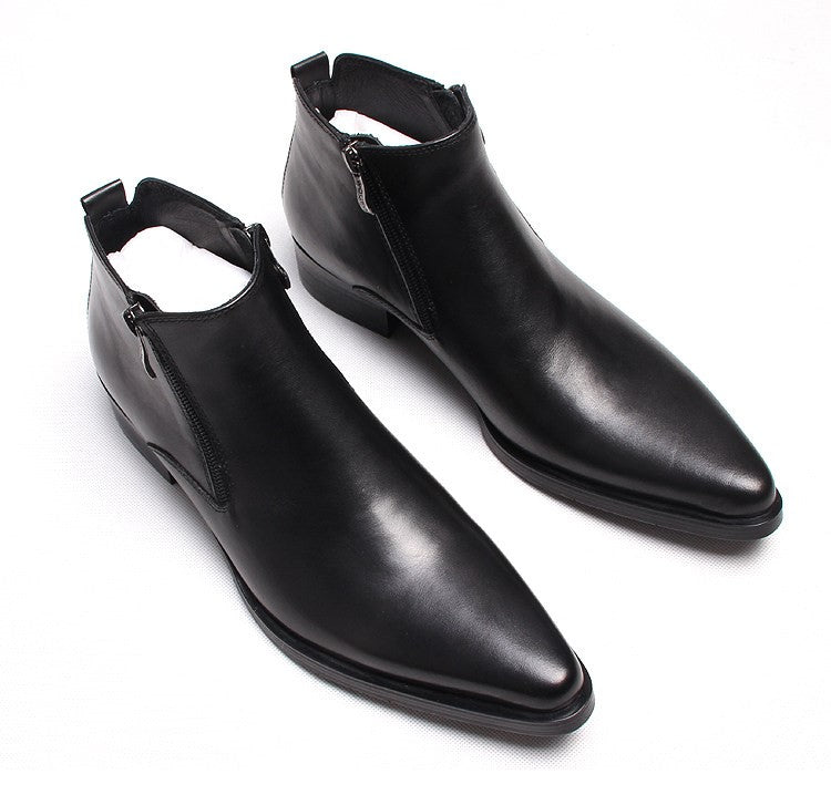 Men's black leather formal boots with side zipper and low block heel, pair view