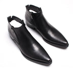 Men's black leather formal boots with side zipper and low block heel, pair view