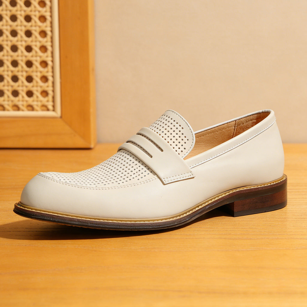 Men's Dot-Pattern Pointed Toe Leather Dress Loafers