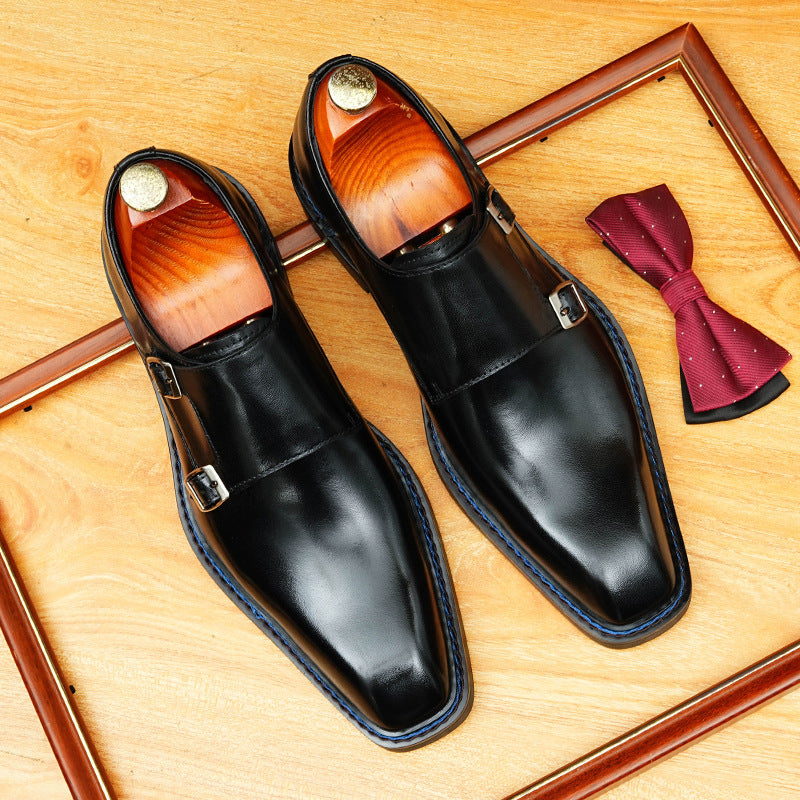 Men's Streamlined Pointed Toe Double Monk Strap Leather Shoes