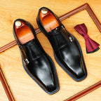Men's Streamlined Pointed Toe Double Monk Strap Leather Shoes