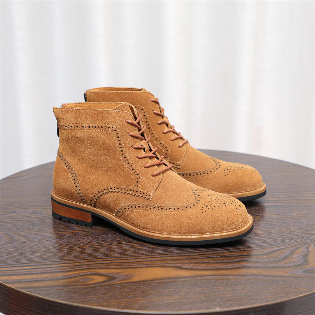 Wingtip Brogue Suede Back-Zip Lace-Up Boots for Men