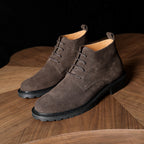 Men's suede chukka boots, plain toe, lace-up closure, dark gray, chunky tread sole.