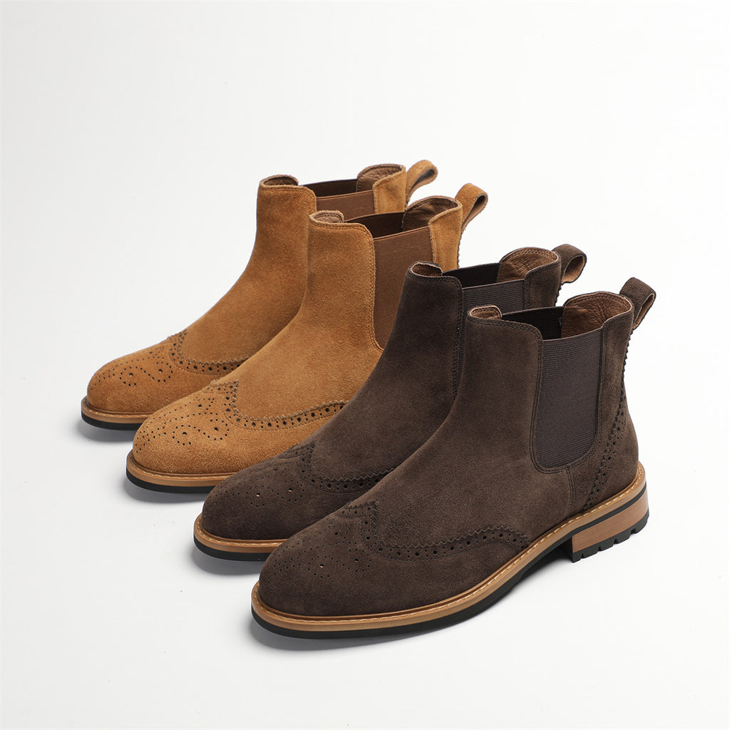 Suede pointed-toe Chelsea dress boots, brown and dark brown, with elastic side panels