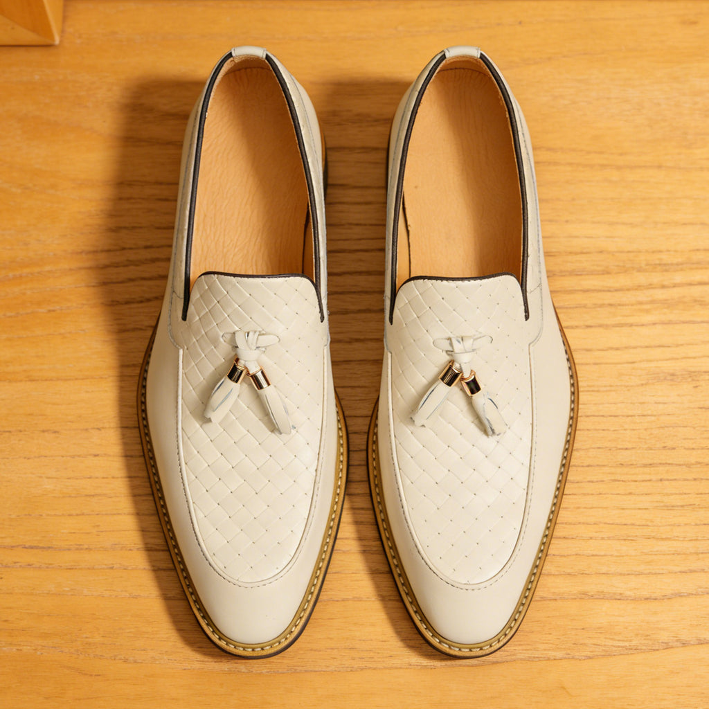 Men's Woven-Pattern Leather Tassel Wedding Dress Loafers